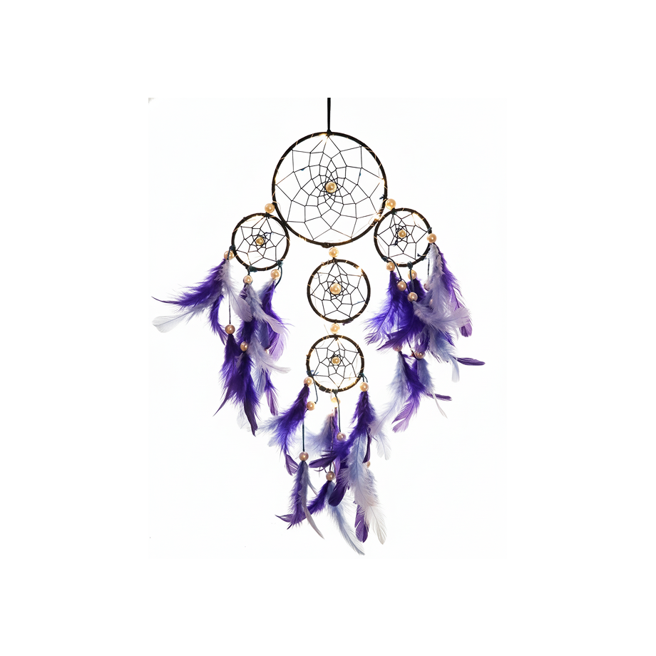 Dreamcatcher with purple and white feathers on a white background