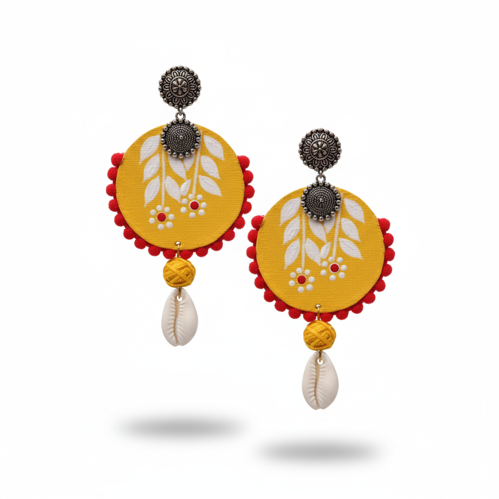 Pair of colorful earrings with yellow circular designs, red accents, and shell elements on a white background.