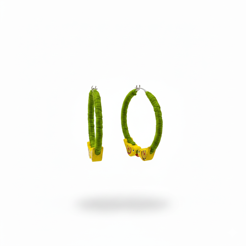 Green hoop earrings with yellow accents on a white background