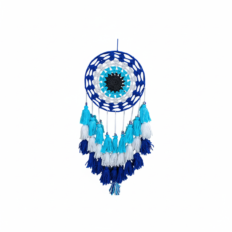 Decorative dreamcatcher with blue, white, and black colors on a white background