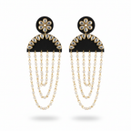 Pair of earrings with black floral tops and gold chains on a white background
