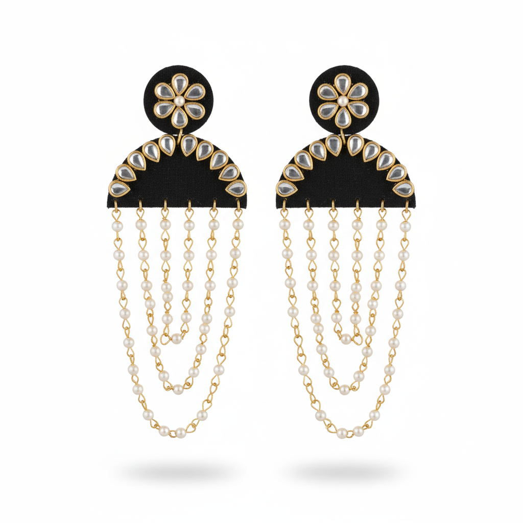 Pair of earrings with black floral tops and gold chains on a white background