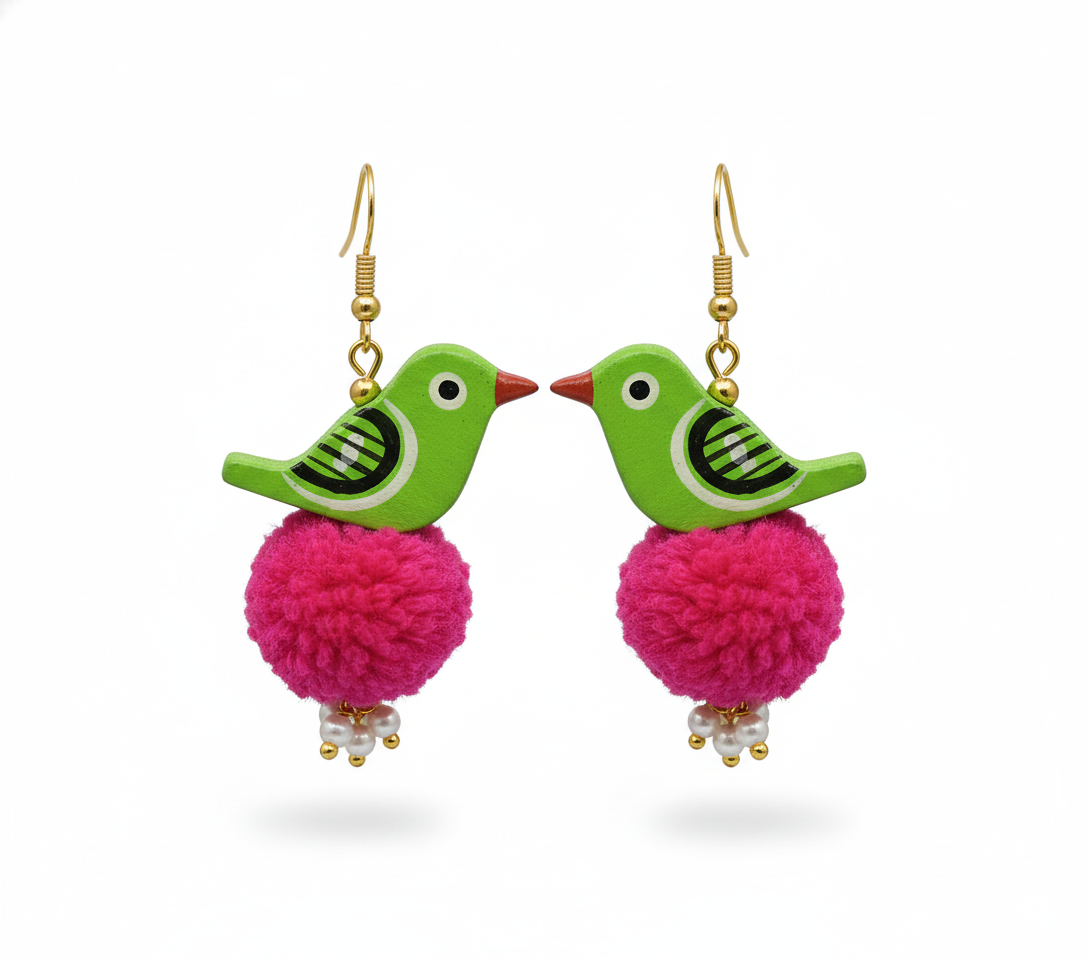Pair of earrings with green bird and pink pom-pom design on a white background