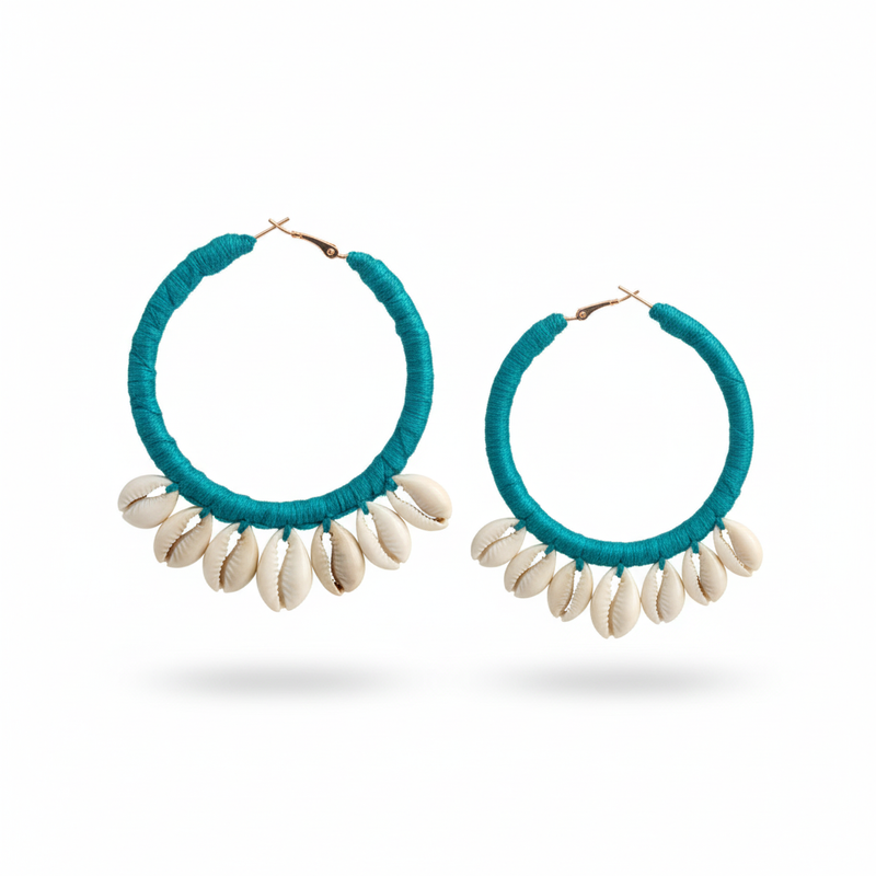 Teal hoop earrings with shell accents on a white background