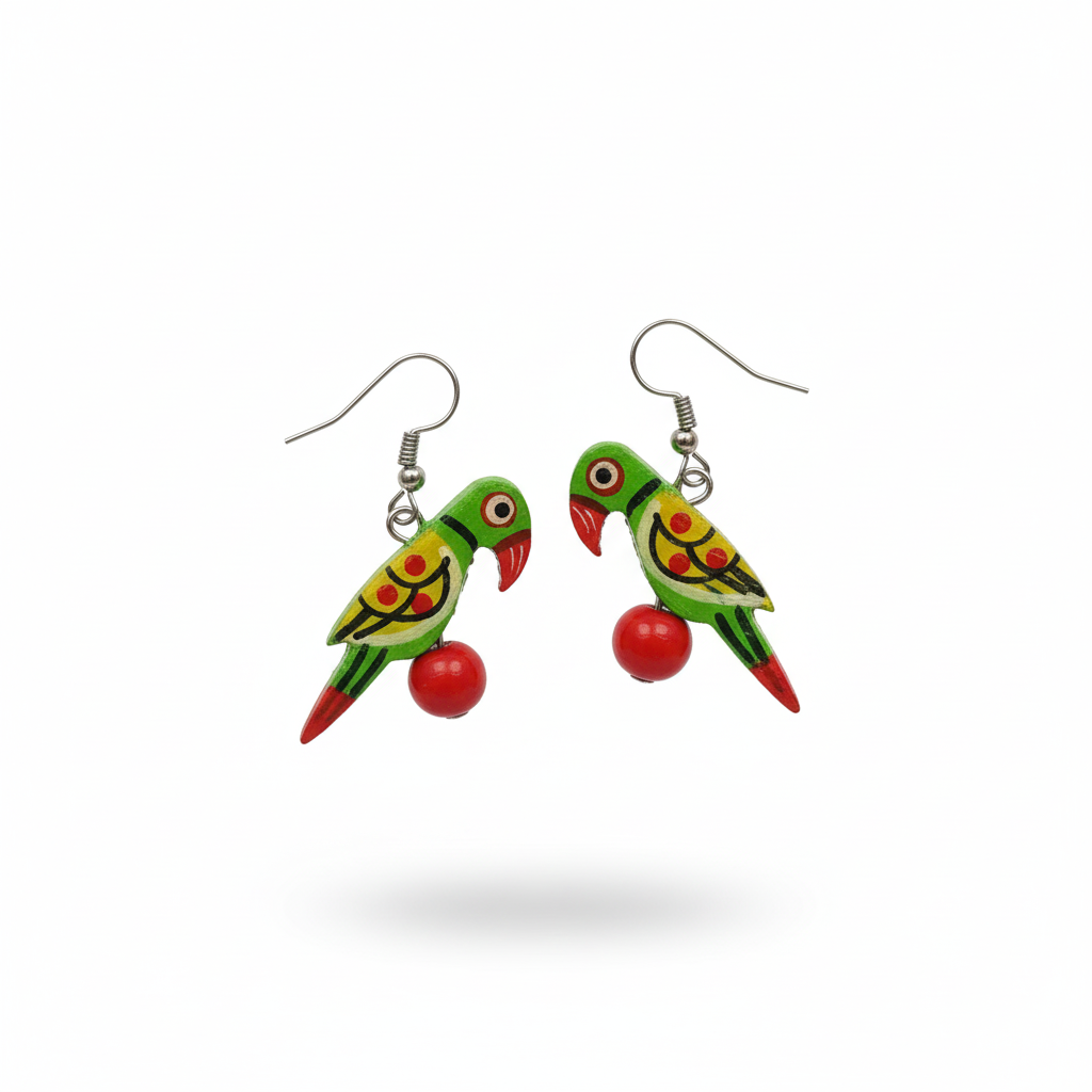Colorful parrot-shaped earrings on a white background