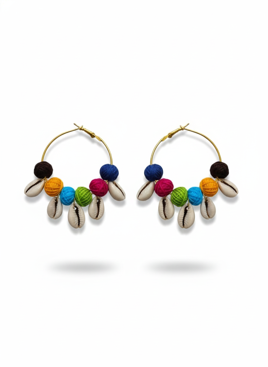 Pair of hoop earrings with colorful bead accents on a white background