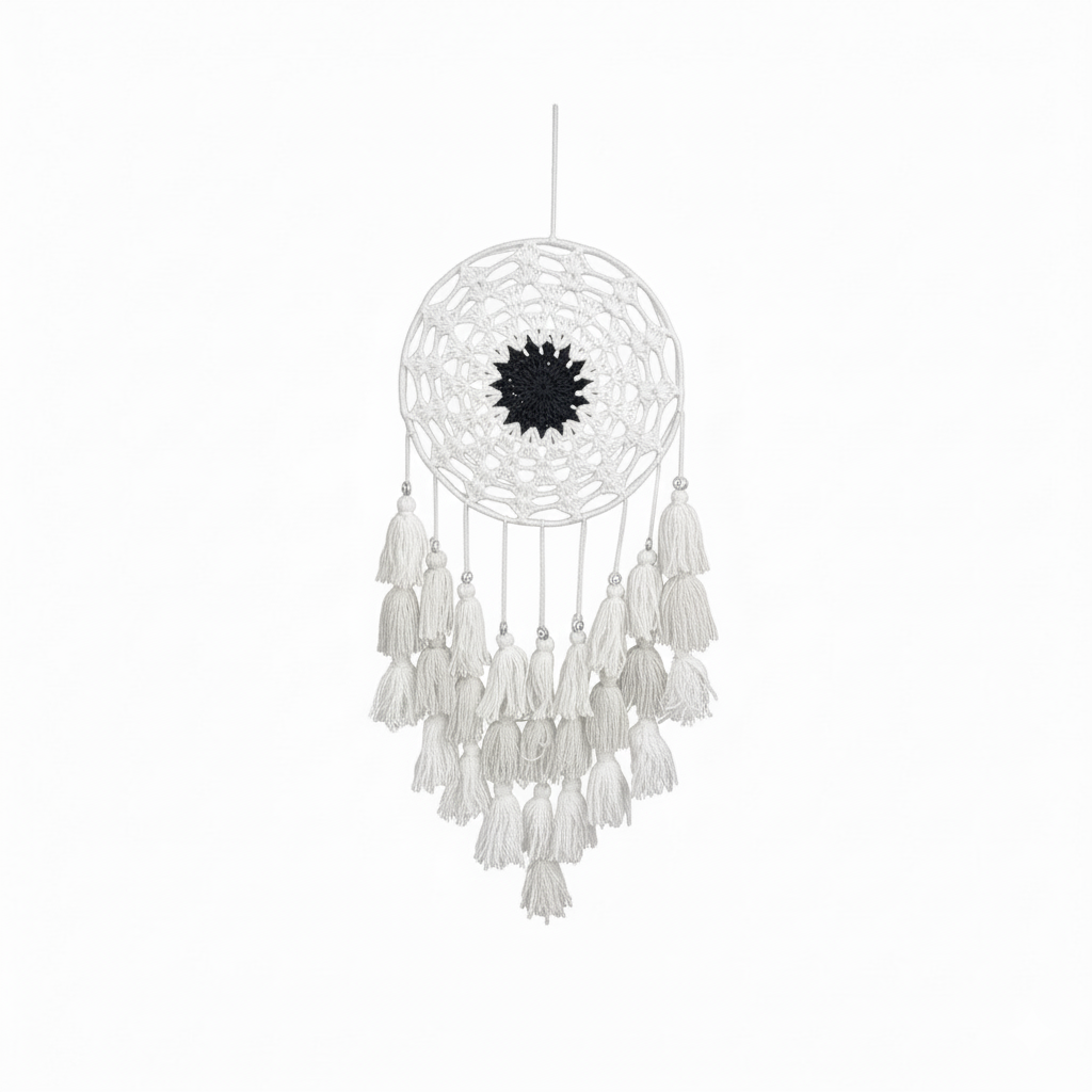 White dreamcatcher with black center on a white background