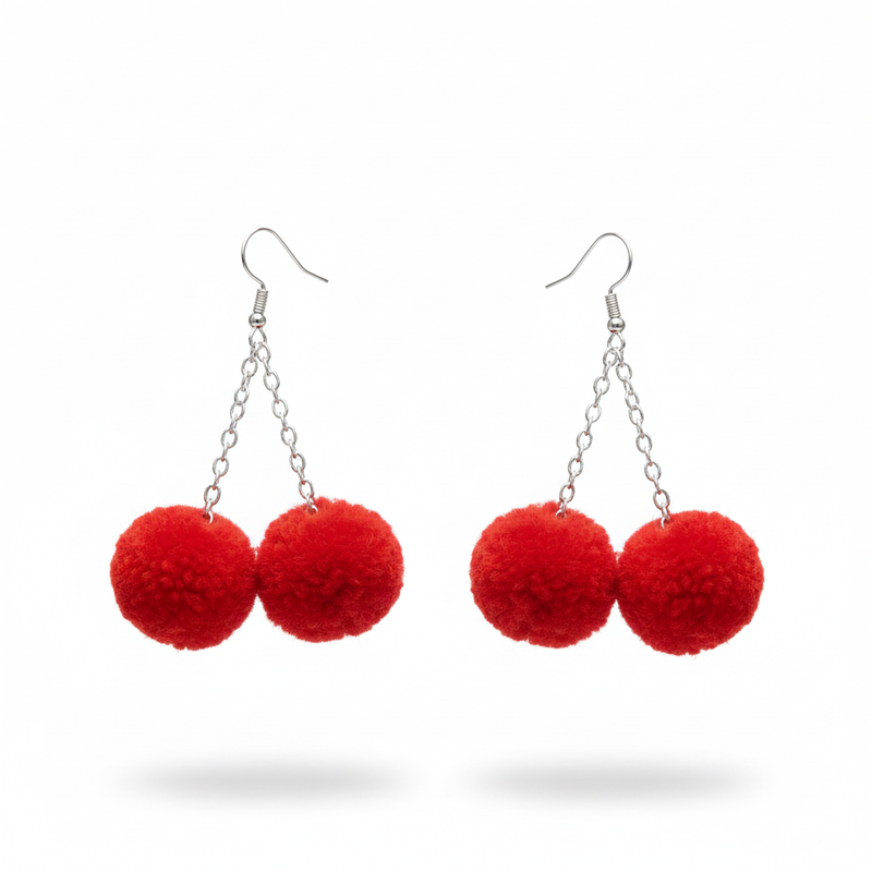 Crimson Cherry Dual-Pom Drop Earrings
