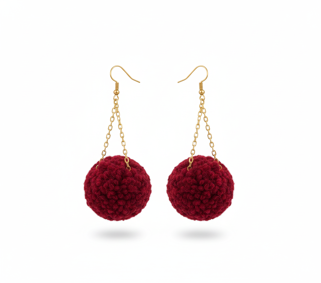 Maroon Pom-Pom Earrings