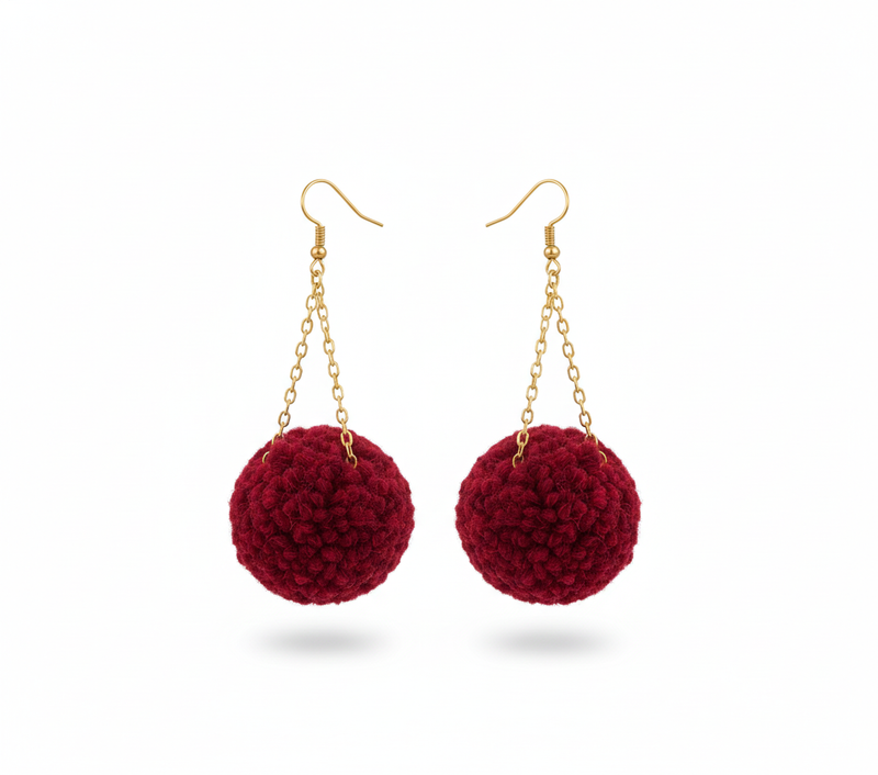 Maroon Pom-Pom Earrings