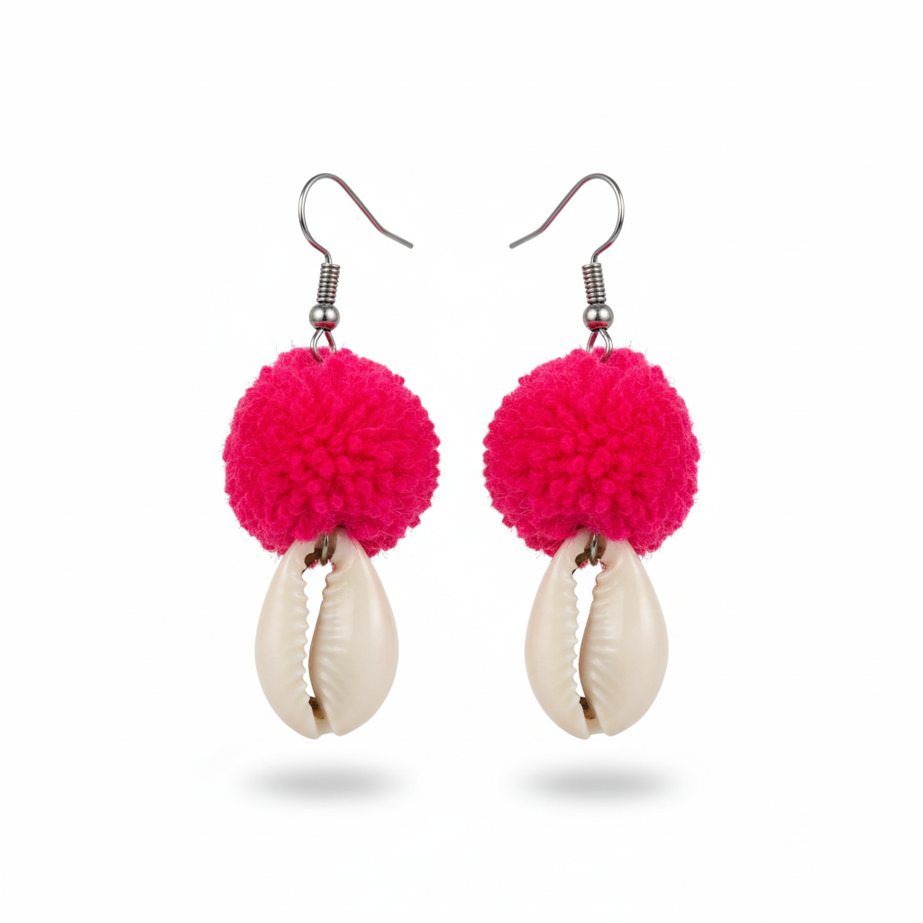 Pink Pom-Pom Shell Earrings