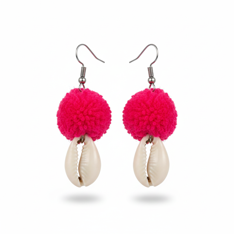 Pink Pom-Pom Shell Earrings