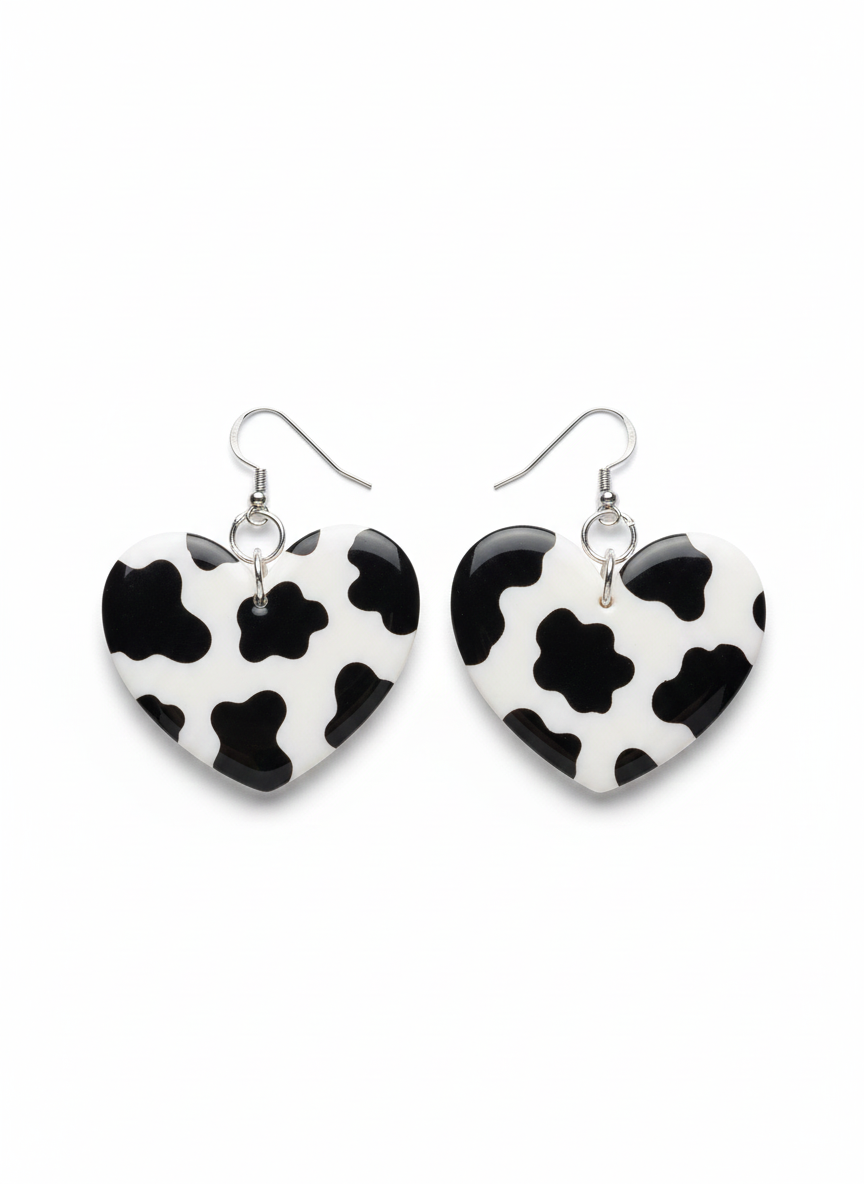 Handcrafted Cow-Print Heart Clay Earrings