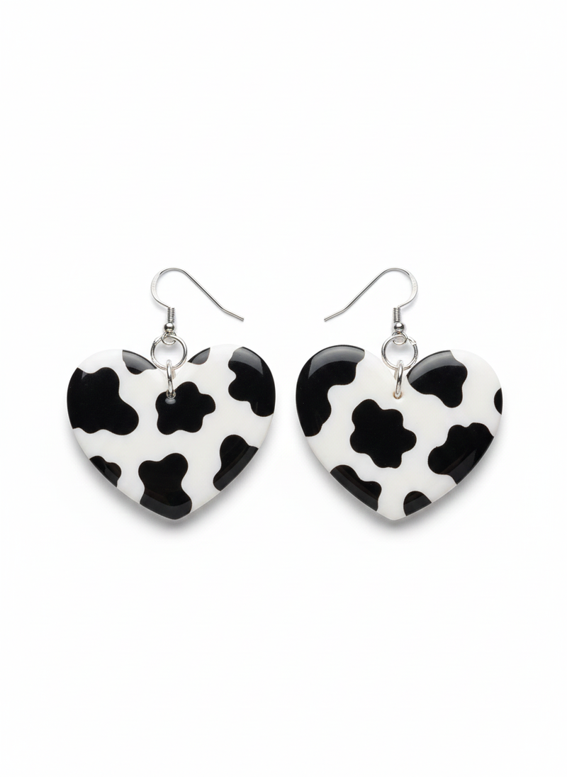 Handcrafted Cow-Print Heart Clay Earrings